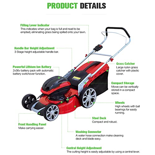 KEINXOW 3 in 1 Lithium-Ion Battery Electric Lawn Mowers 2 * 36V Portable Cordless Walk-Behind Lawn Mowers 48cm Cutting Width 5 Adjustable Cutting Heights