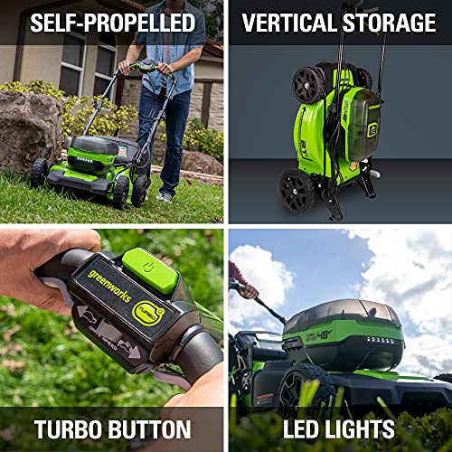 Greenworks 2 x 24V (48V) 21" Brushless Cordless Self-Propelled Lawn Mower, (4) 4.0Ah USB Batteries and (2) Dual Port Rapid Chargers