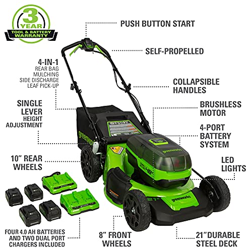 Greenworks 2 x 24V (48V) 21" Brushless Cordless Self-Propelled Lawn Mower, (4) 4.0Ah USB Batteries and (2) Dual Port Rapid Chargers