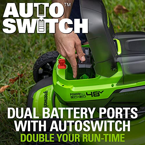 Greenworks 2 x 24V (48V) 21" Brushless Cordless Self-Propelled Lawn Mower, (4) 4.0Ah USB Batteries and (2) Dual Port Rapid Chargers