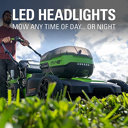 Greenworks 2 x 24V (48V) 21" Brushless Cordless Self-Propelled Lawn Mower, (4) 4.0Ah USB Batteries and (2) Dual Port Rapid Chargers