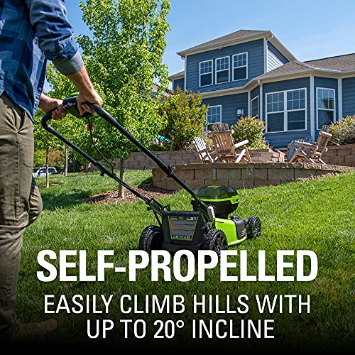 Greenworks 2 x 24V (48V) 21" Brushless Cordless Self-Propelled Lawn Mower, (4) 4.0Ah USB Batteries and (2) Dual Port Rapid Chargers